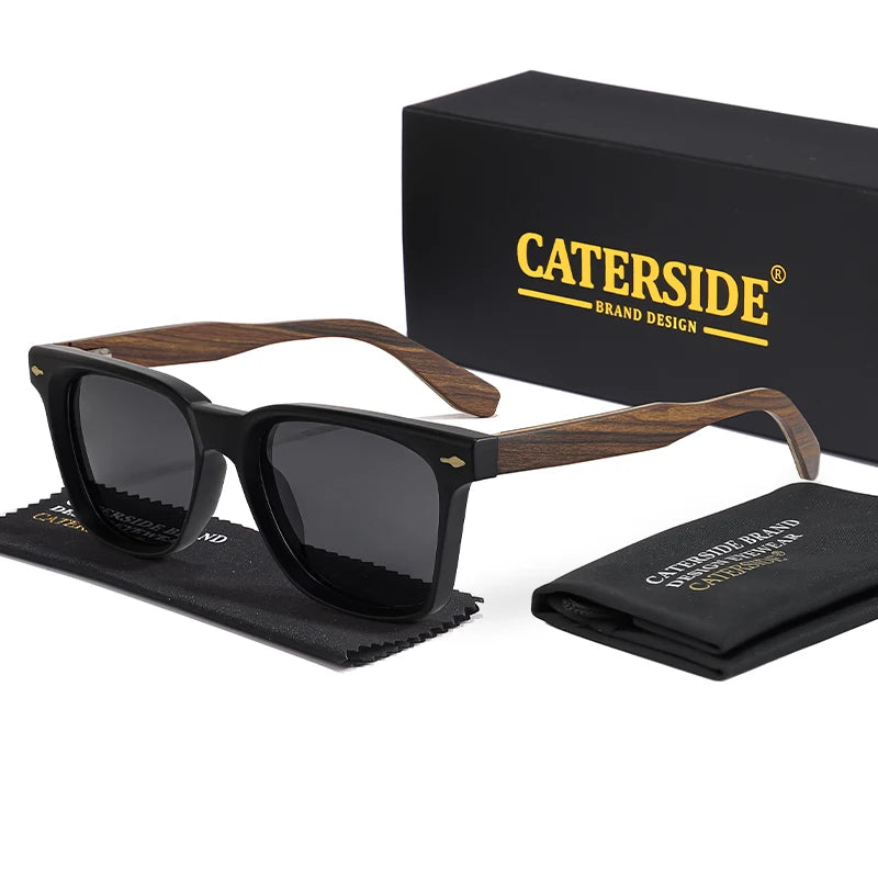 CATERSIDE New Retro Men Polarized Sunglasses High-Quality Solid Wood Legs Sun Glasses Fashion Women Party Travel Holiday Glasses