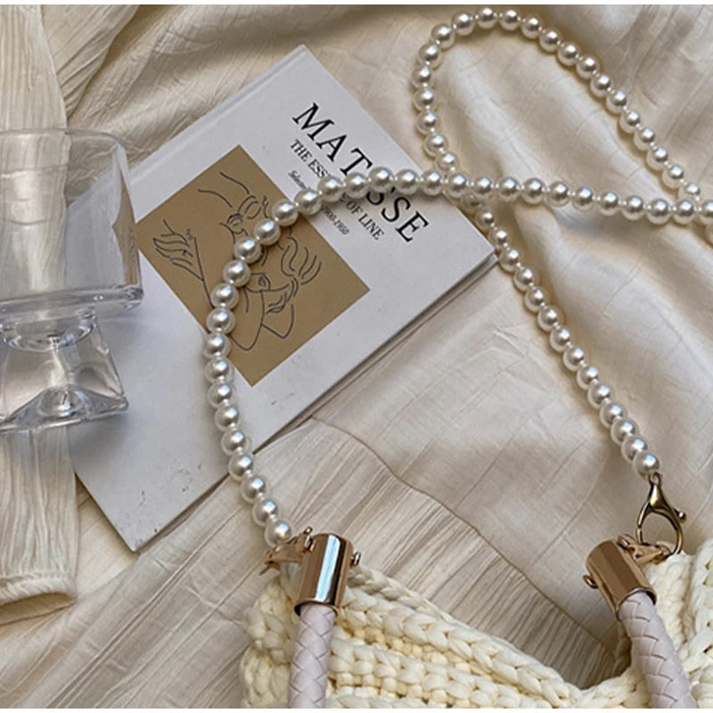 Milk White Shell Knit Crossbody Shoulder Bag Pearl Chain Woven Women Classy Bag