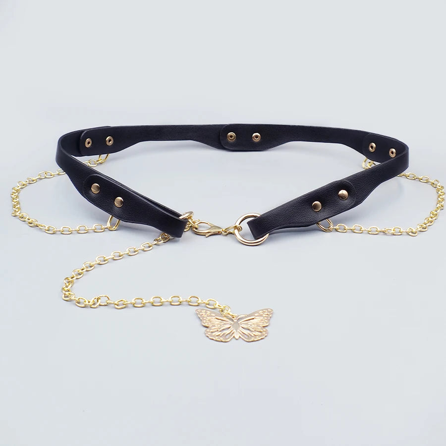 Y2K Vintage Women's Waist Chain - Metal Ring & Antique Butterfly Rivet Belt for Dresses, Festivals & Casual Styling