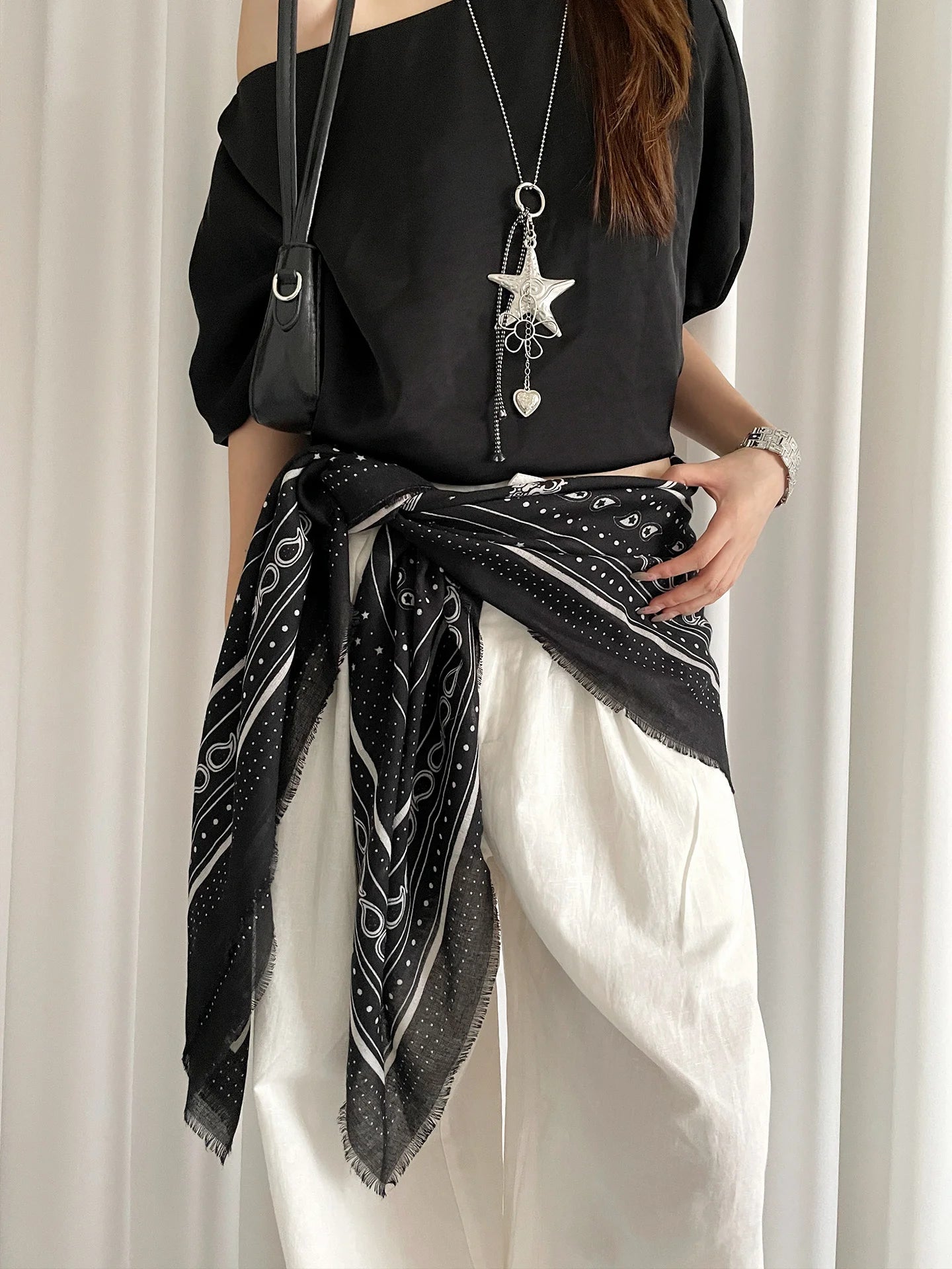 Retro Black Printed Petticoat Scarf Korean Lazy Style Thin Shawl Small Neck Scarf Accessory Belt