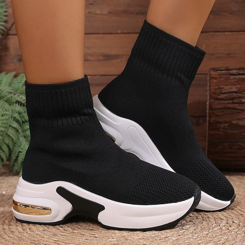 2025 Thick Bottom Knitted Ankle Boots Women Comfort Breathable Platform Sock Shoes Woman Plus Size Wedges Short Booties Mujer
