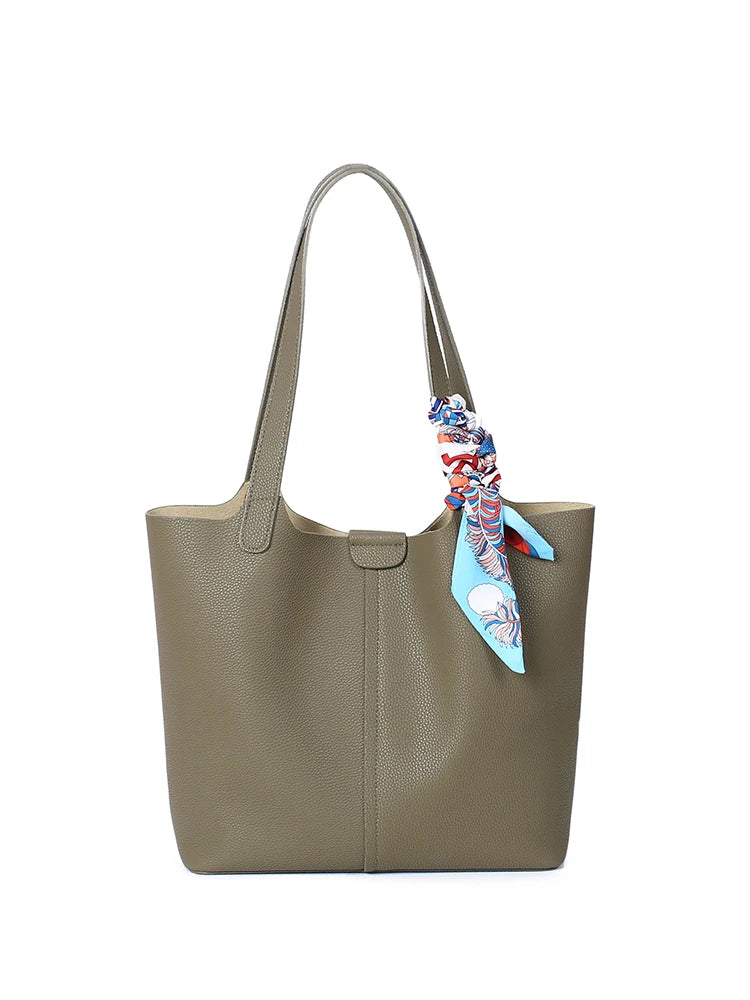 Genuine Cowhide Leather Tote Bag for Women Pebbled Leather Shoulder Bag with Removable Pouch&Silk Scarf Luxury Designer Handbag