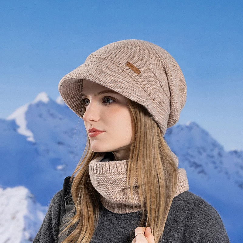 Xinbaoguan 100% Acrylic 8416 Winter Warm and Fleece Cold Protection Set for Women with brimmed Ear Protection Knitted Wool Hat