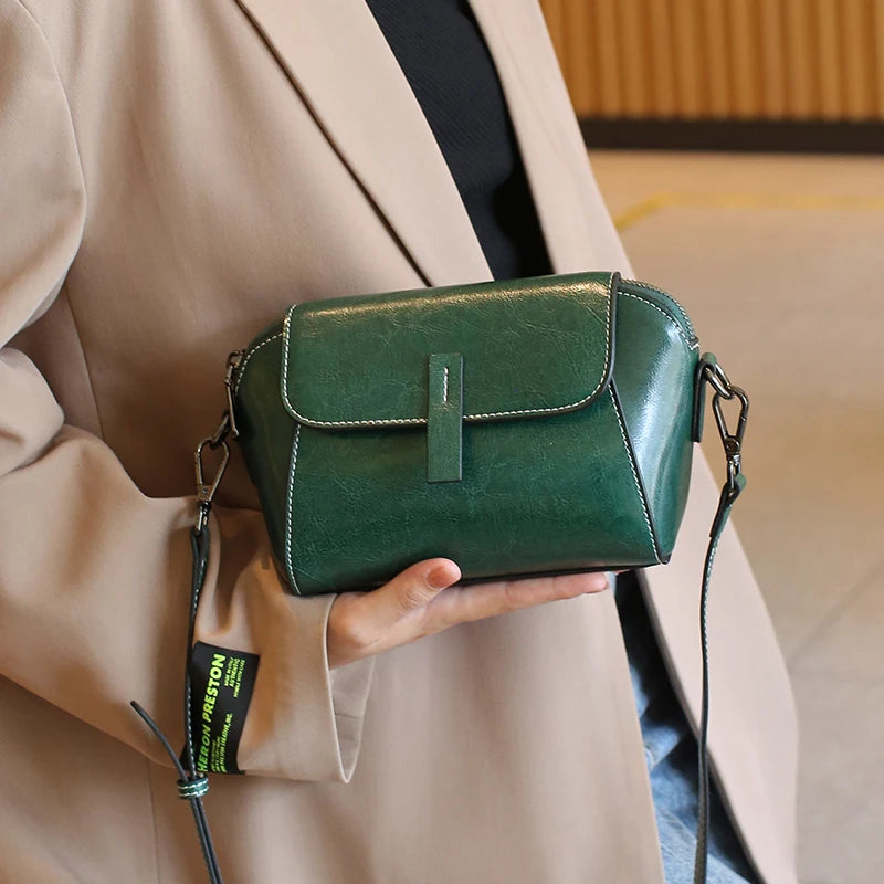 2025 New Female Oil Wax Cowhide Genuine Leather Crossbody Bag Fashionable Versatile Shoulder Shell Handbag Lady Casual Phone Bag