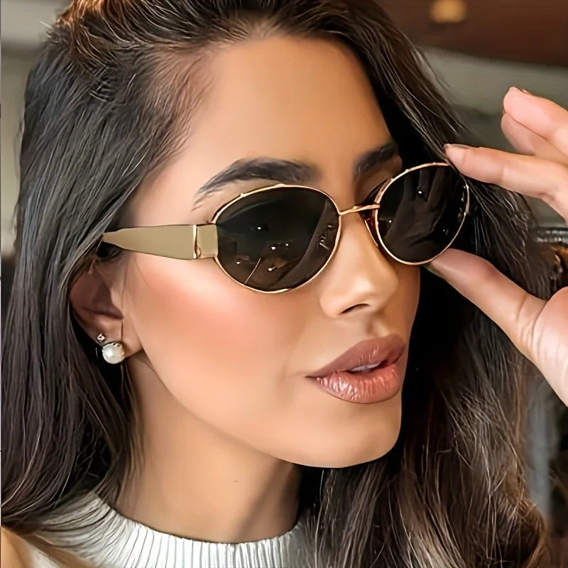 Women's Retro Oval Golden-Tone Stylish Decorative Eyewear for Casual Formal Outfits