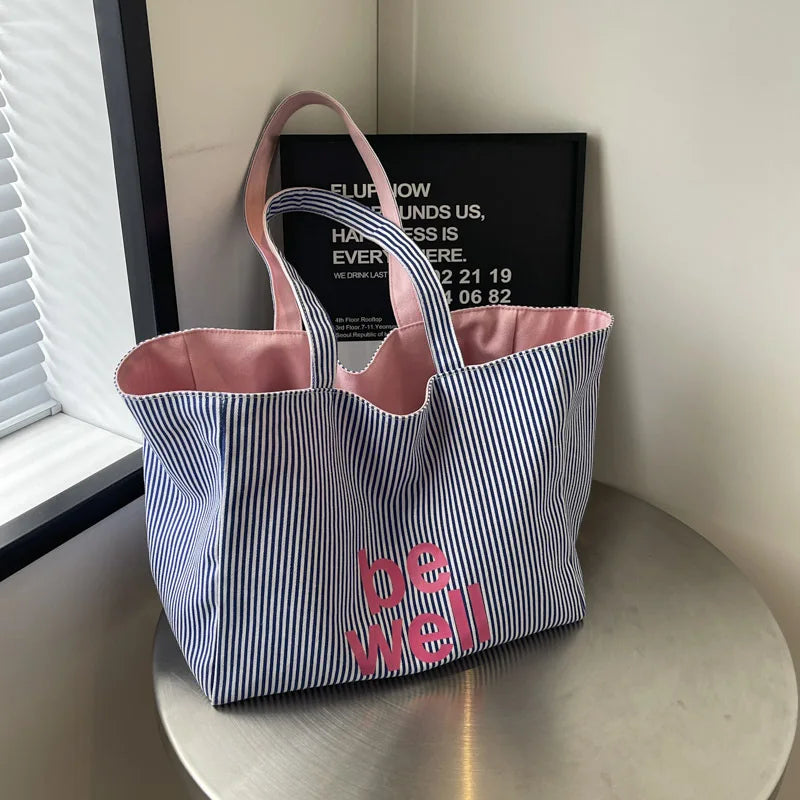 Casual Large Stripe Women's Shoulder Bag 2026 New Fashion Commuter Tote Bag High Capaci Canvas Handbag for Youth bolso mujer
