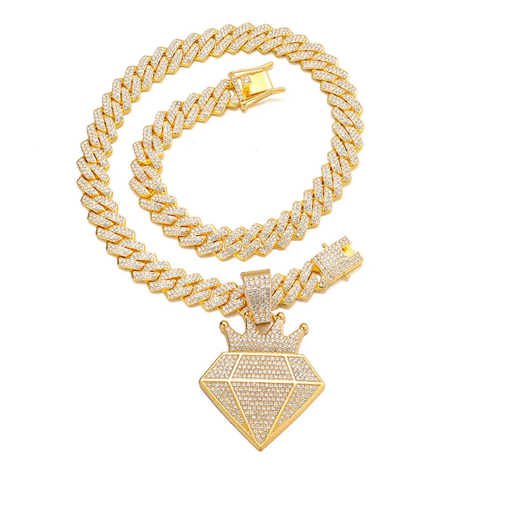 Hip Hop Iced Out Crown Pendant Necklace With 13mm Rhinestone Cuban Chain Bling Necklaces Men Women Fashion Charm Jewelry Gift