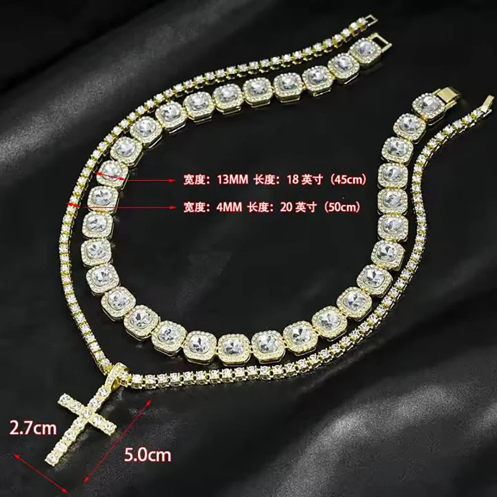 Hip Hop Iced Out Tennis Chain Cross Necklace Men Women 2Pcs Bling Miami Cuban Chain Necklace Set Iced Out Chain Jewelry Gift