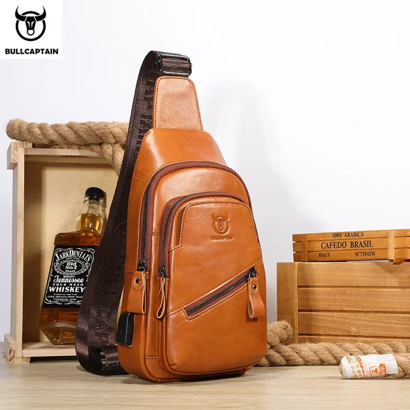BULLCAPTAIN 2022 The Latest Men's Leather Chest Bag Large Capacity Casual Men's Messenger Bag Classic Leather Chest Bag XB 127