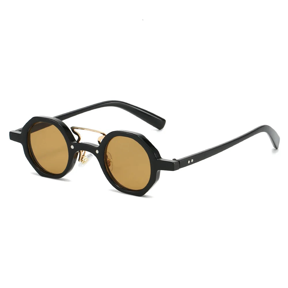 JNPCXI Retro Small Polygon Round Women Sunglasses UV400 Fashion Double Bridges Punk Men Rivets Clear Gradient Sun Glasses Shades