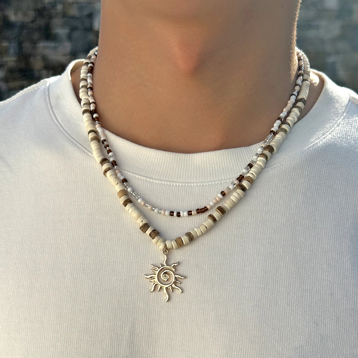Vintage Chunky Spiral Sun Pendant Necklace for Women Men Boho Ethnic Sun Flower Multilayer Necklace Beach Vacation Jewelry Gift