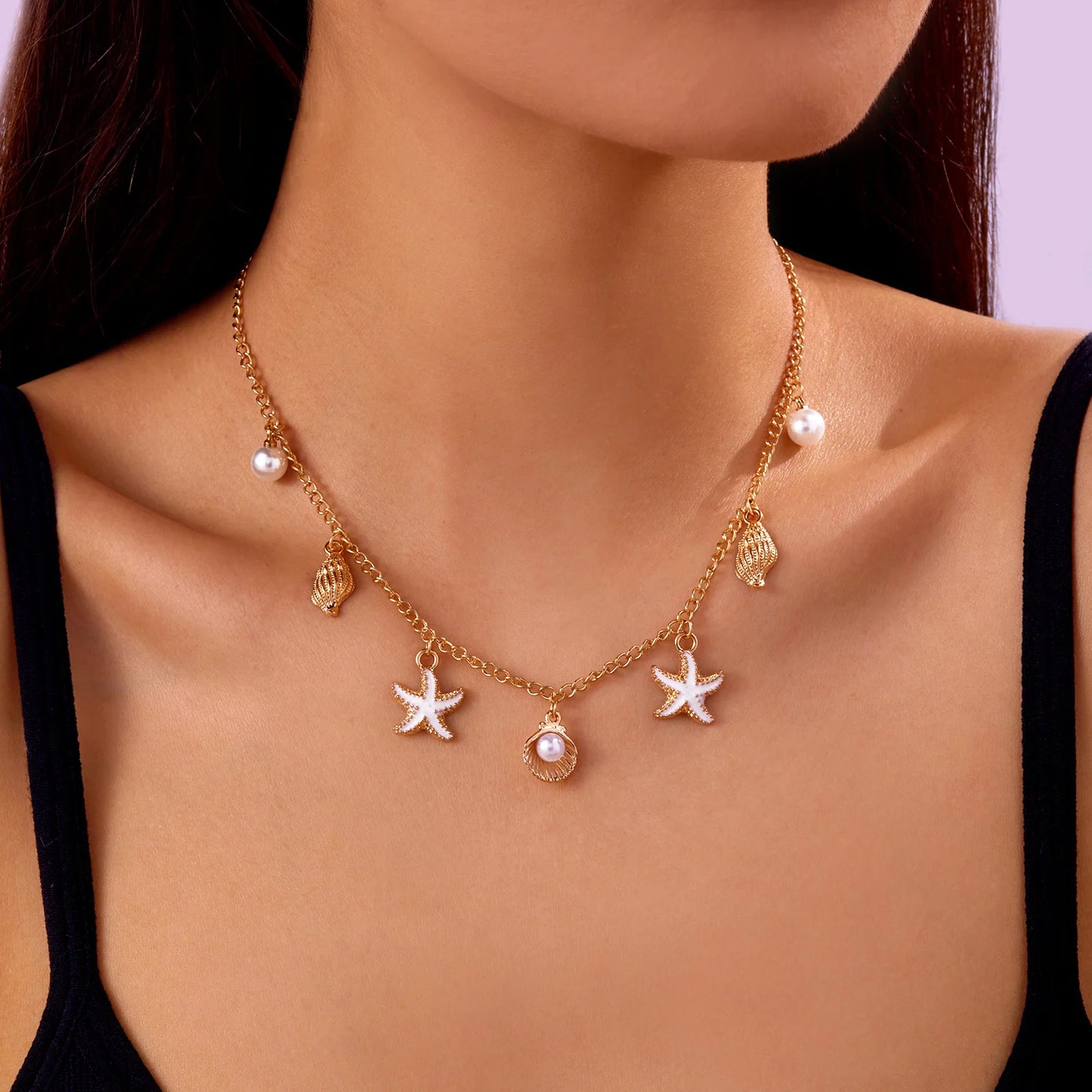 Ocean Style Starfish Conch Shell Sea Turtle Charms Pendant Necklace for Women Gold Color Chain Necklace Summer Beach Jewelry