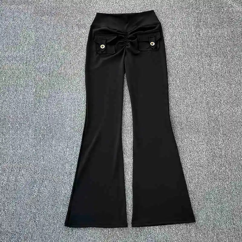 Polyamide Nude High Waist Cargo Pocket Long Yoga Fitness Gym Flare Long Pants Women Activewear
