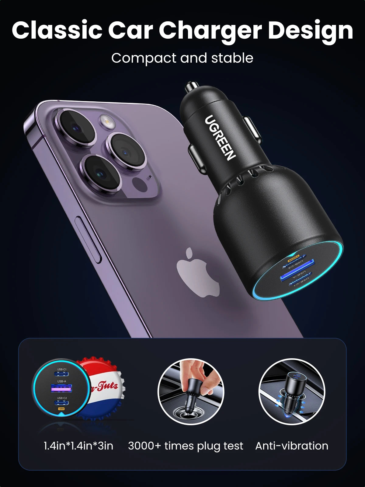 UGREEN 130W USB C Fast Car Charger with PD Cable for For Xiaomi iPhone 17 Samsung Galaxy S25 Laptops Fast USB C Car Charger QC4