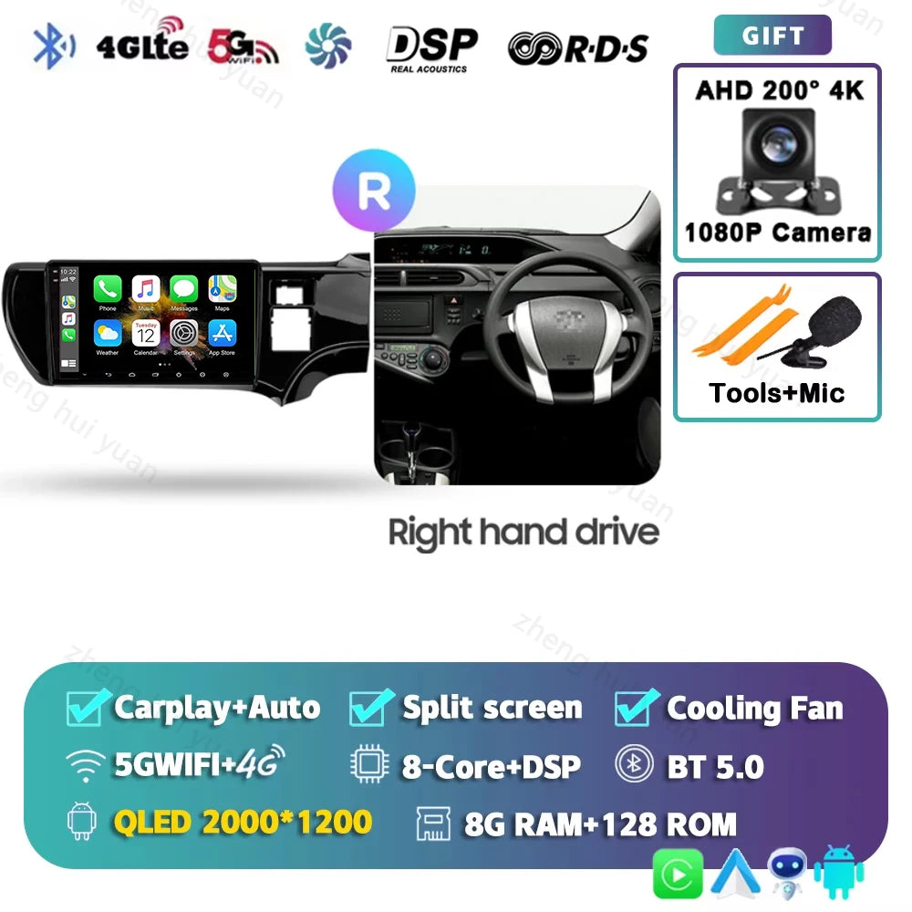 Android 15 CarPlay Auto For Toyota Aqua LHD RHD 2011 - 2017 Car Radio Multimedia navigation video DVD Autoradio Stereo 2din 4G