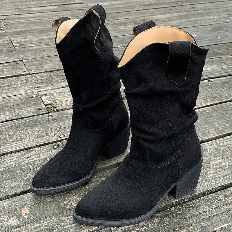 Brown Pointed Toe Thick Heels Western Boots Women Plus Size 43 Slip On Mid Calf Boots Woman Wide Leg Pleated Flock Botas Mujer