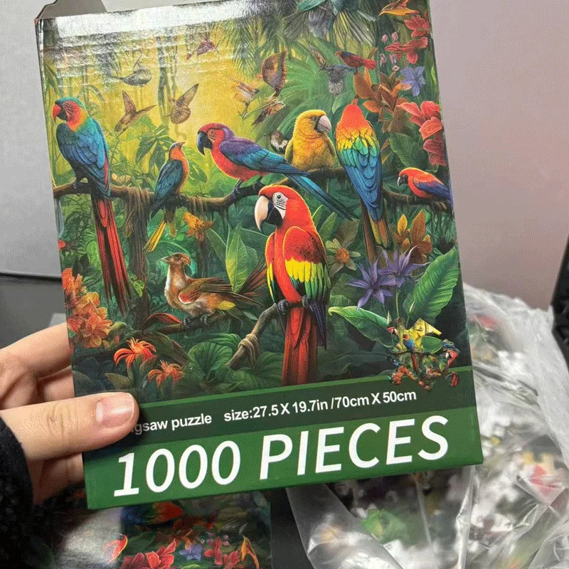 70x50cm (27.5"x19.7") Adult Jigsaw Puzzle - Vibrant Parrot Family Art, 1000-Piece Challenging Puzzle for Adults Lettered Back
