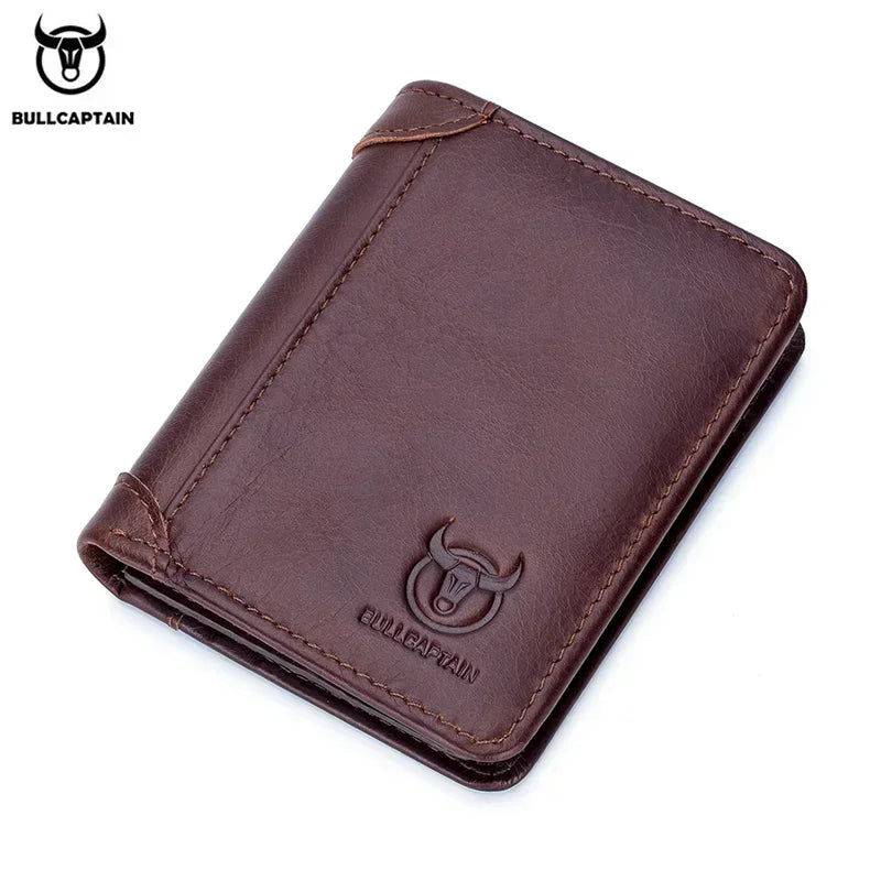 Bullcaptain RFID Leather Men's Wallet with Coin Purse Retro Fashion Men's Wallet Features Brown Short Wallet Card Holder Clutch