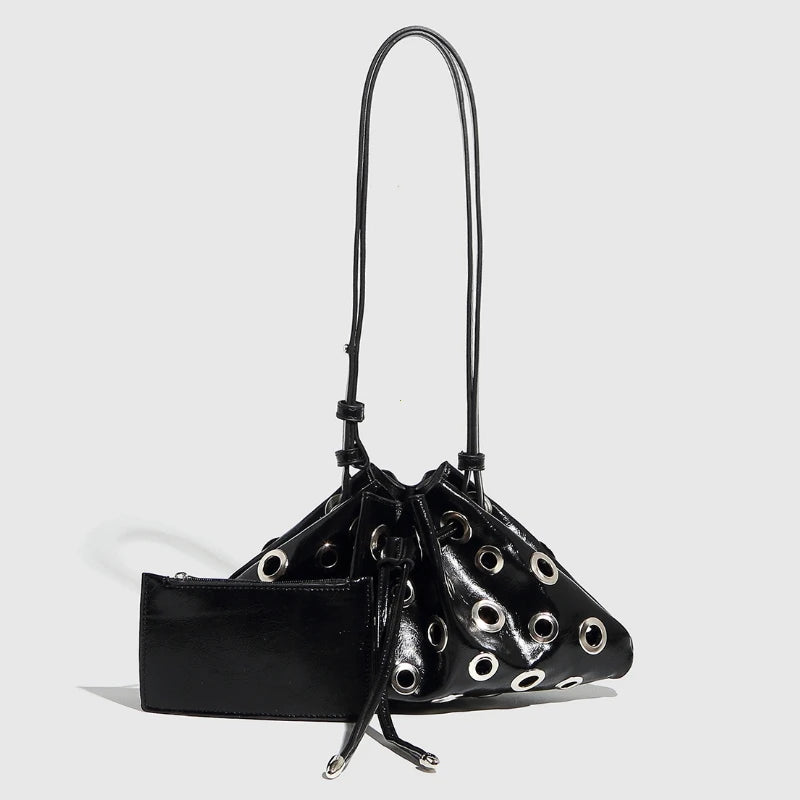 Women Metal Stud Y2k Shoulder Bag Large Capacity Retro Hollow Handbag Drawstring Crossbody Bag Shopping Vacation Handbag