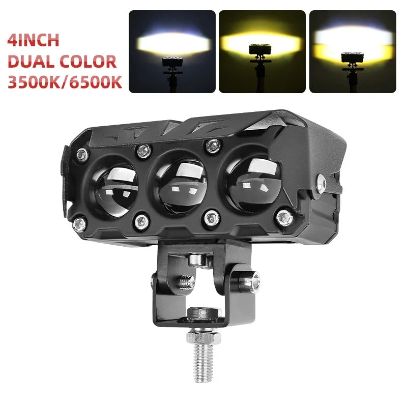 Motorcycle LED Spotlights, Headlights 3-eye Lens 2-color Light Shock-waterproof