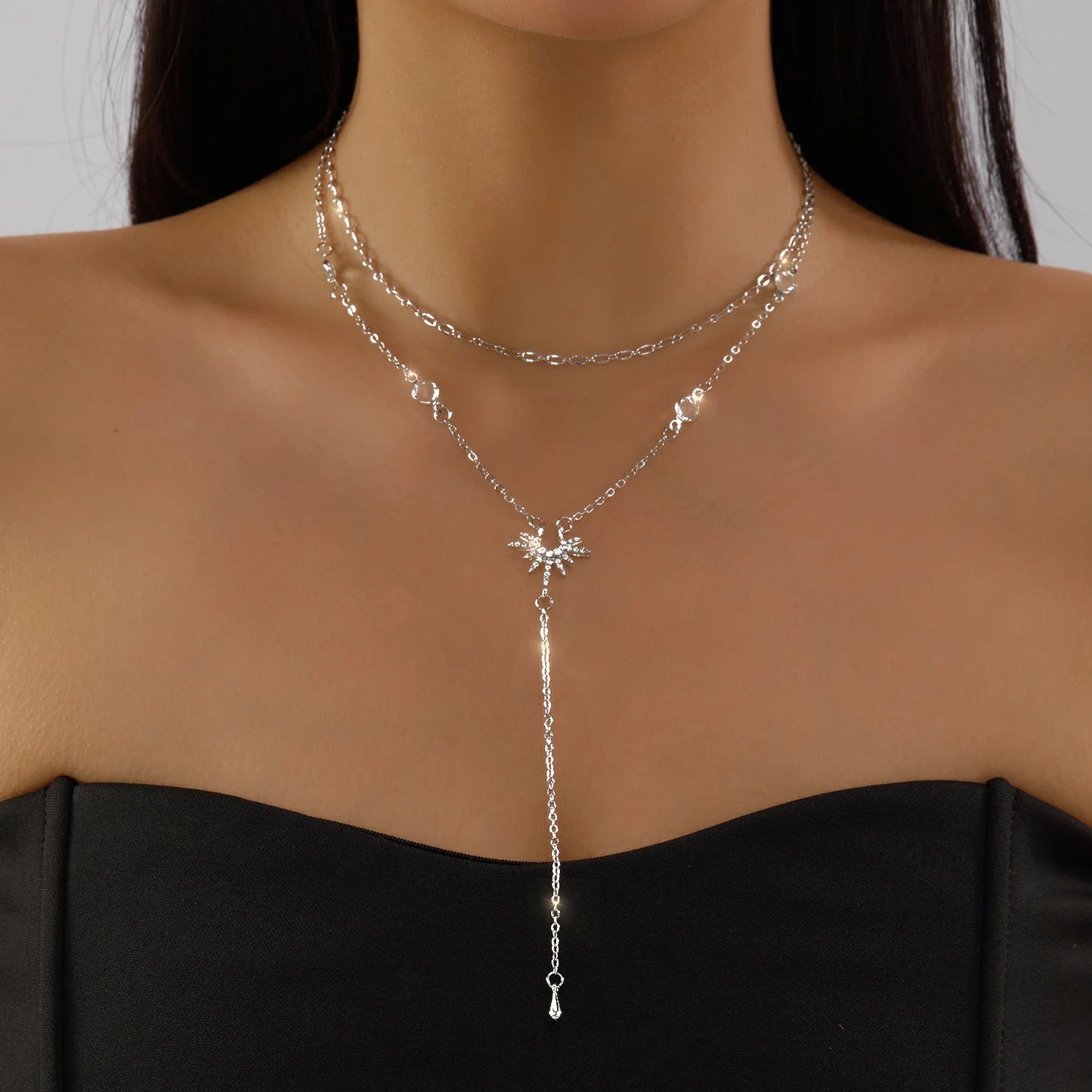 Fashion Gold Color Y-Shaped Pendant Necklaces For Women Luxury Zirconia Sun Geometric Long Tassel Choker Jewelry Birthday Gifts