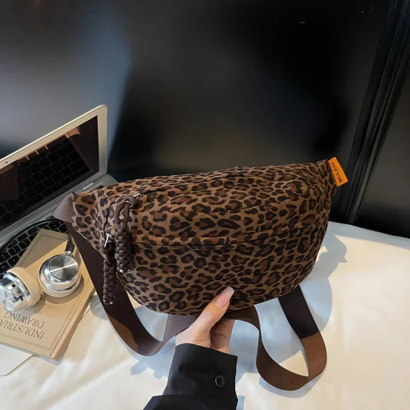 Women's Leopard Print Chest Bag, Autumn/Winter Fashion Crossbody Bag, Trendy Sporty Multifunctional Waist Bag Waist Packs bolsa