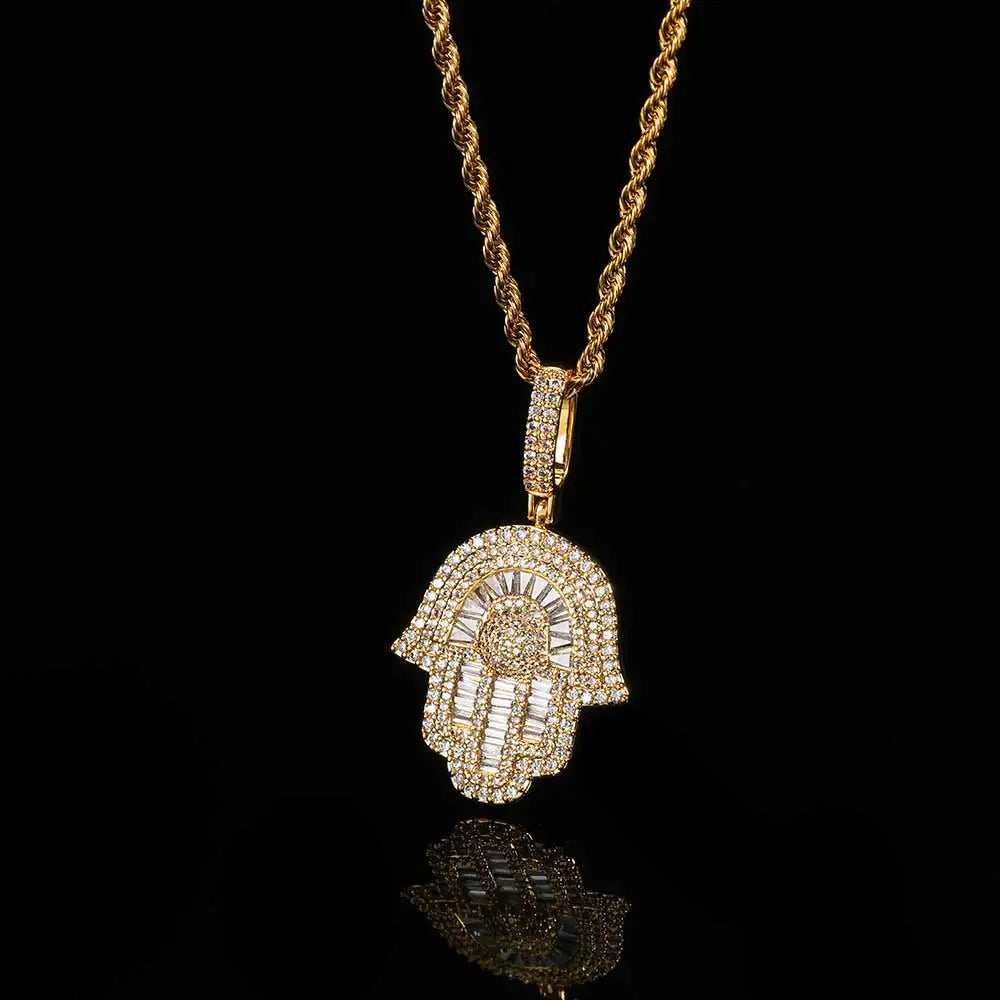 Micro Iced Out Baguette Hamsa Hand Pendant w/ 24" Tennis/Rope Chain Necklaces