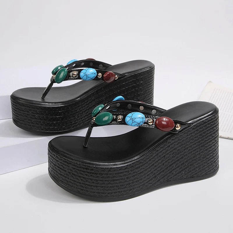 Luxury Gem Chunky Platform Flip Flops Women 2026 Summer Clip Toe Wedge Heel Sandals Woman Plus Size 43 Thick Sole Beach Slippers