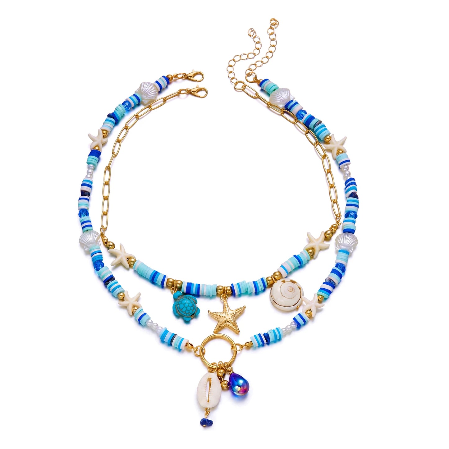 Tropical Fresh 2Pcs Layered Necklace Set For Women Starfish Turtle Shell Polymer Clay Beaded Summer Beach Jewelry