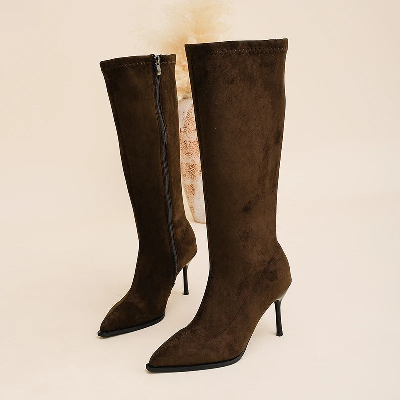 Sexy Pointed Toe Stiletto Heel Knee High Boots Women Plus Size 42 High Heeled Long Boots Woman Fashion Zipper Flock Botas Mujer
