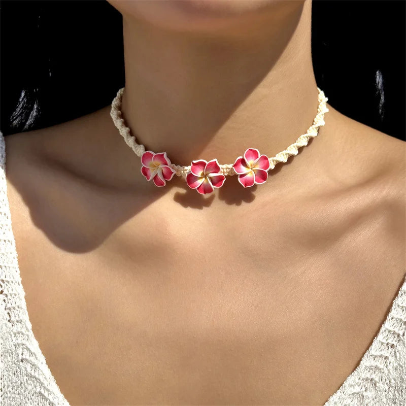 Bohemia Polymer Clay Beaded Flower Necklace for Women Handmade Woven Rope Chain Choker Necklace Summer Beach Jewelry Accessories