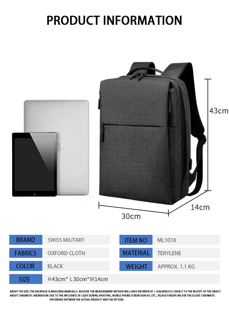 SWISS City Travel Backpack Business Bag School USB Laptop Waterproof Backpack