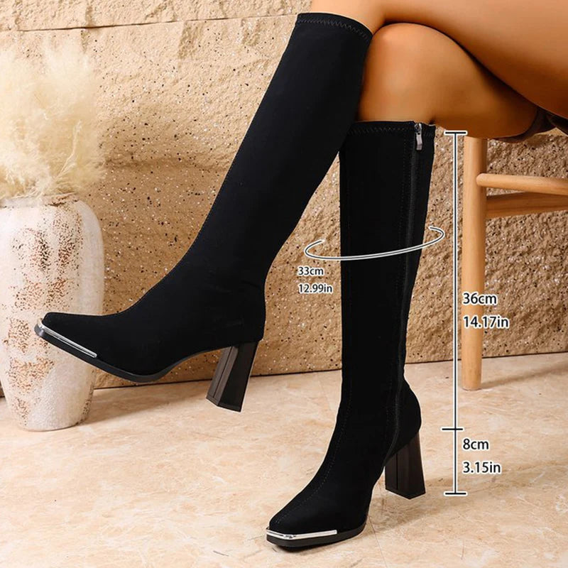 Elegant Pu Leather Boots for Women Spring Autumn Fashion Square Toe High Heel Botas Woman Zipper Up Khaki Black Boots Mujer