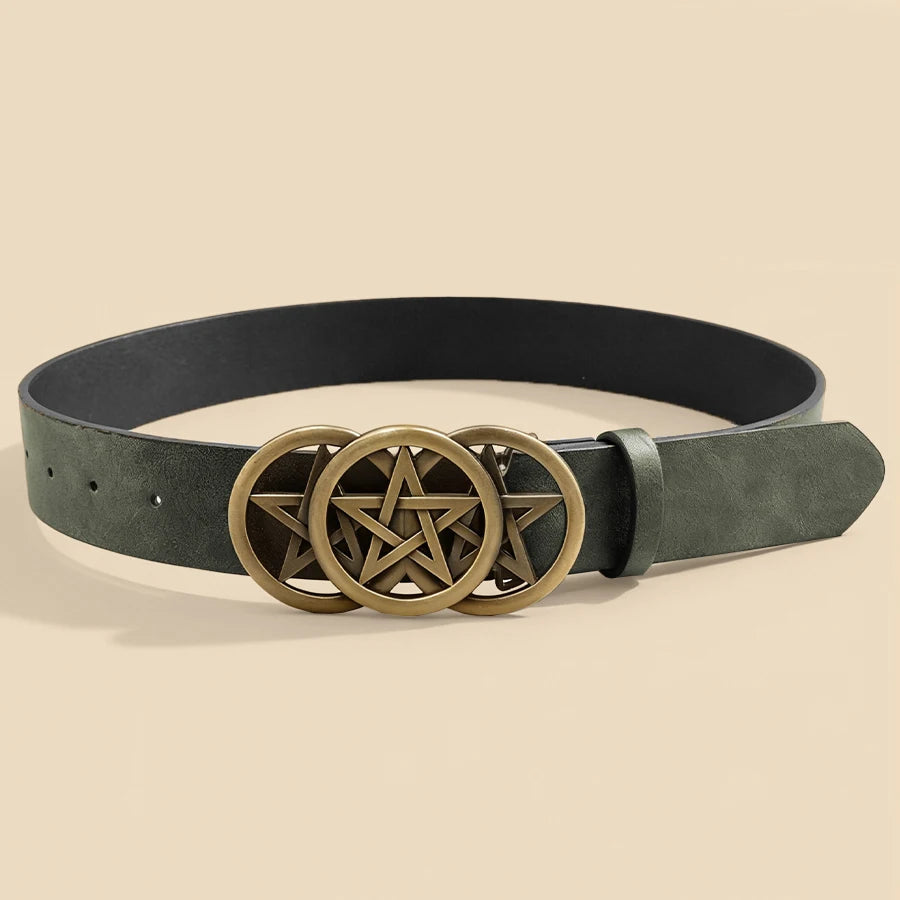 Gothic Pentagram Belt Women Vintage Metal Buckle Two-Tone Embossed Waist Cinch Fashion Accessory