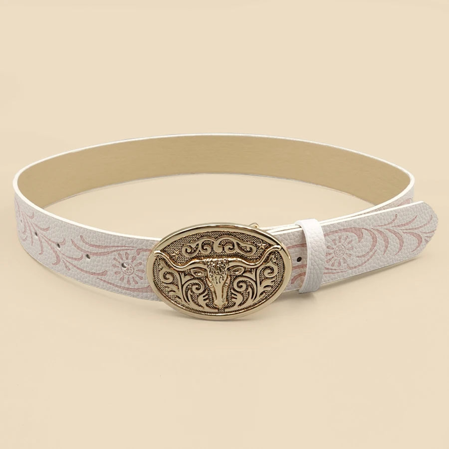 Western Cowboy Style Vintage Casual Belt - Ox Head Carved Buckle & Bohemian Print, Perfect for Daily Commute & Dating Outfits