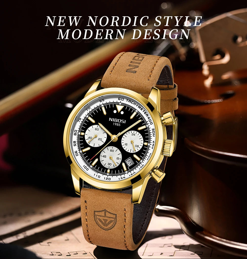 NIBOSI Men Watch Luxury Sports Waterproof Leather Clock Chronograph Watches 3