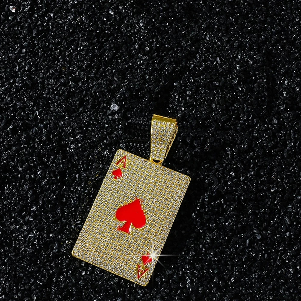 Men Women Hip Hop Poker Pendant Necklace with 13mm Cuban Chain Hiphop Iced Out Red Peach A Necklaces Fashion Punk Jewelry Gifts
