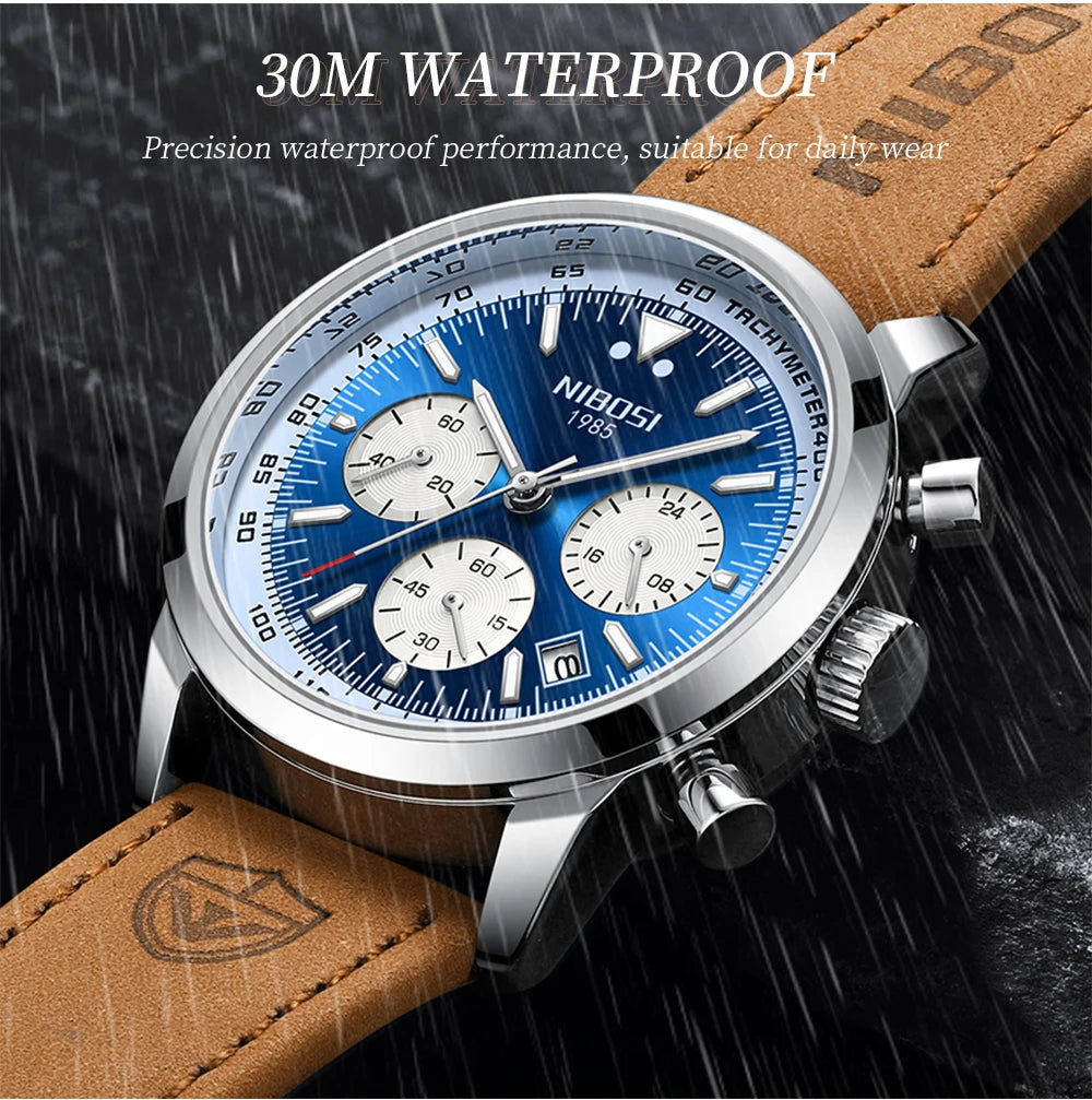 NIBOSI Men Watch Luxury Sports Waterproof Leather Clock Chronograph Watches 1