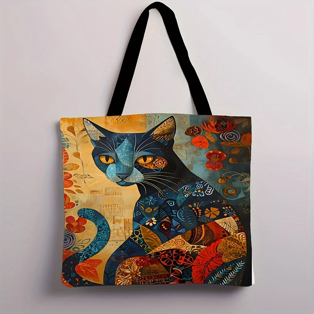 Abstract Cat Tote Bag, Cute Quirky Small Animal Shoulder Bag, Linen Eco Handbag
