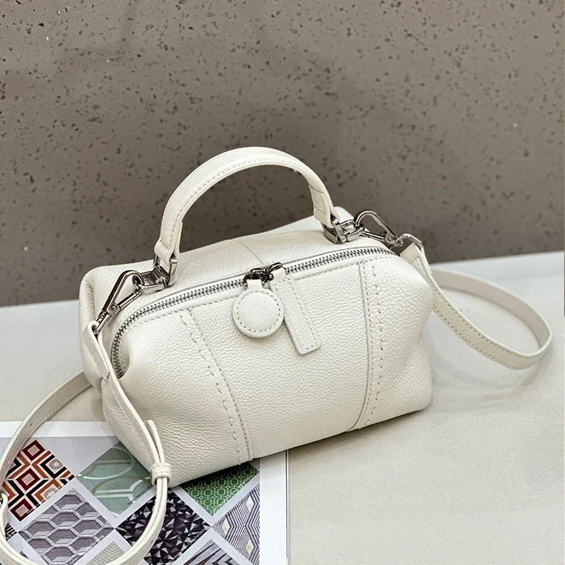 Genuine Cowhide Leather Mini Boston Bag for Women Luxury Designer Pebbled Leather Top Handle Crossbody Bag in Multi Colors