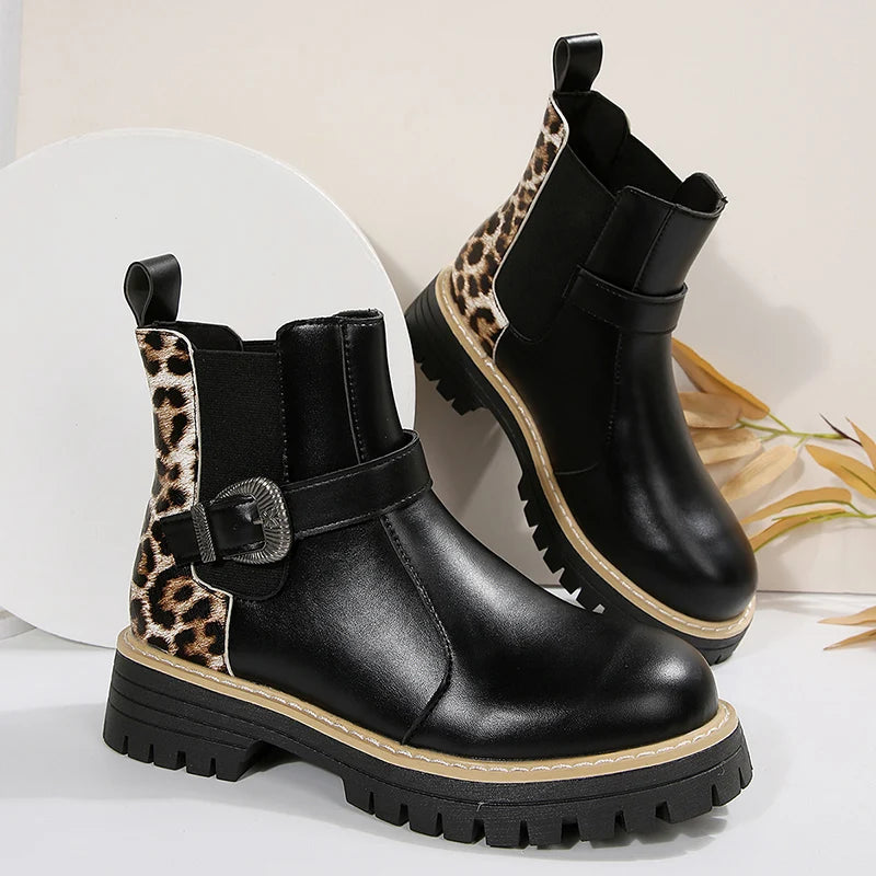 Fashion Buckle Platform Chelsea Boots Women Slip On Pu Leather Leopard Print Ankle Boots Woman Plus Size 36-43 Thick Sole Botas