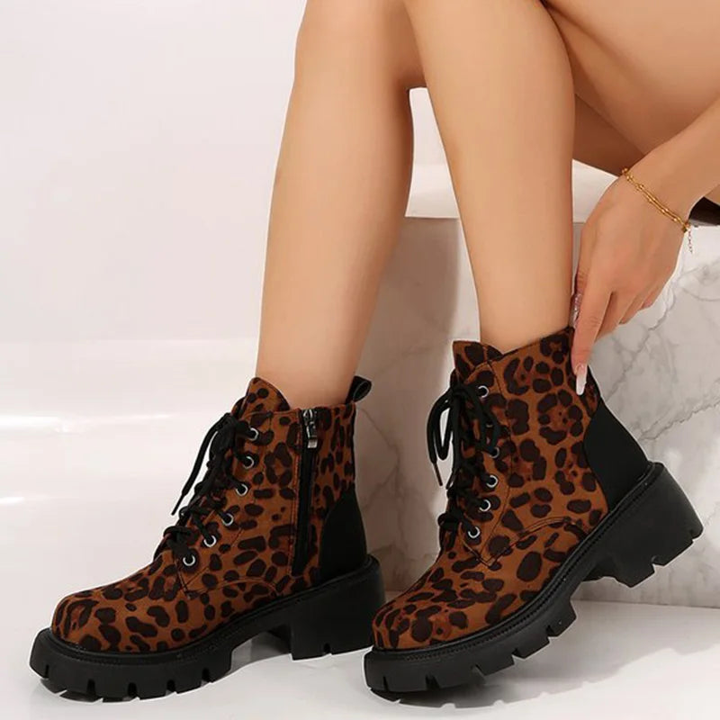 Y2K Leopard Faux Suede Boots for Women Vintage Square Heel Platform Ankle Boots Woman 2025 Autumn Zipper Up Booties Female