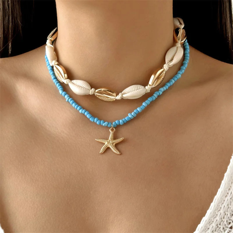 Double Layered Starfish Shell Rice Bead Necklace Women Trendy Summer Beach Sexy Choker Neck Chain Jewelry Vacation Accessories