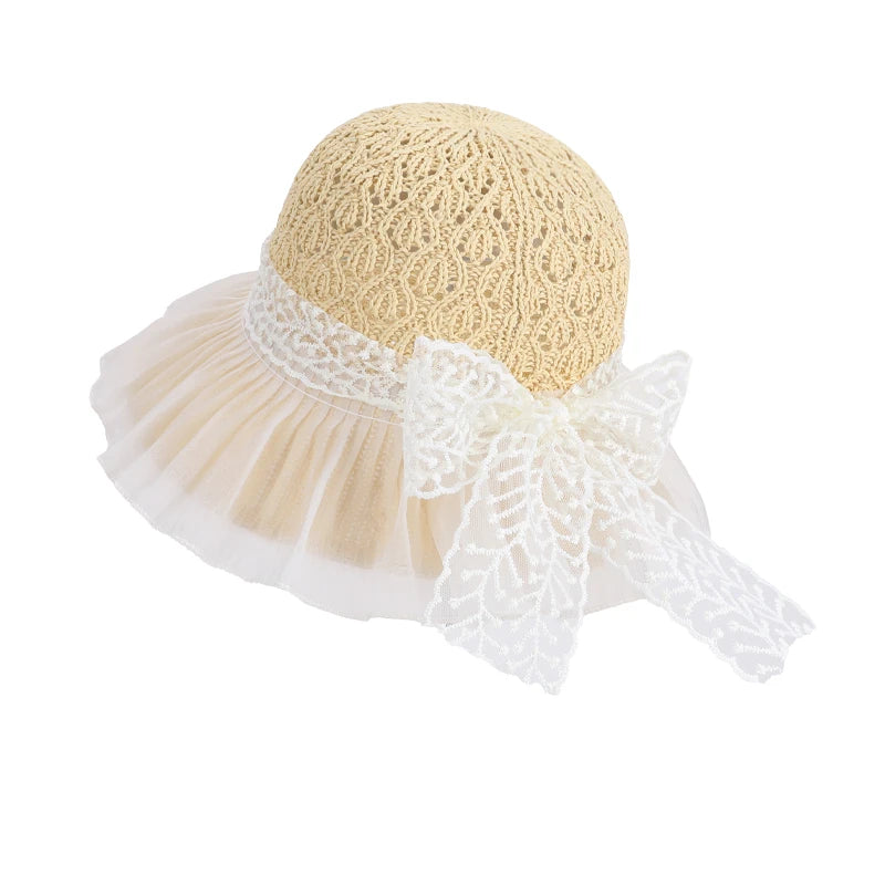 6179-New summer women's sheer breathable sun hat with children's lace ribbons and bow at the brim, fisherman style hat