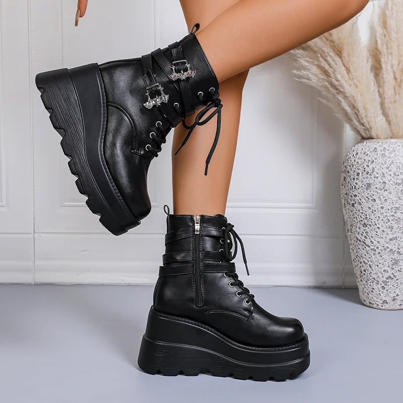Chunky Wedges Punk Ankle Boots Women Fashion Super High Heels Motorcycle Boots Woman Lace Up Thick Bottom Black Gothic Shoes
