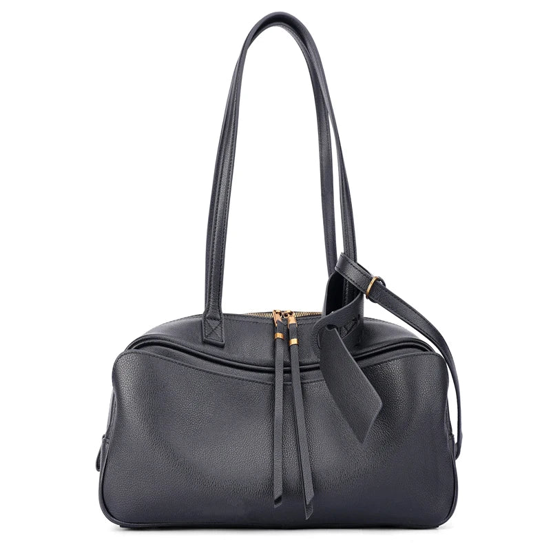 Genuine Leather Tote Bag for Women Large Capacity Cowhide Shoulder Bag Luxury Designer Handbag Female Bowling Underarm Bag