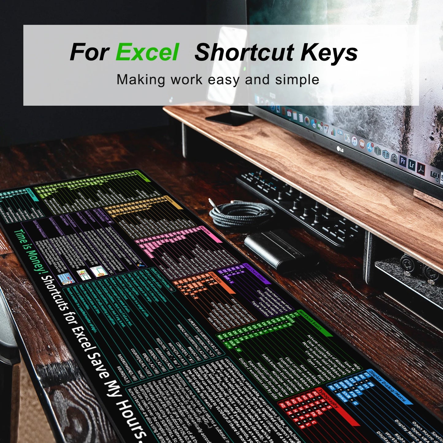 EXCO Excel Shortcuts Mouse Pad Large Extended Desk Mat Keyboard Mousepad with Stitched Edge Non-Slip Rubber Base for Gaming Home