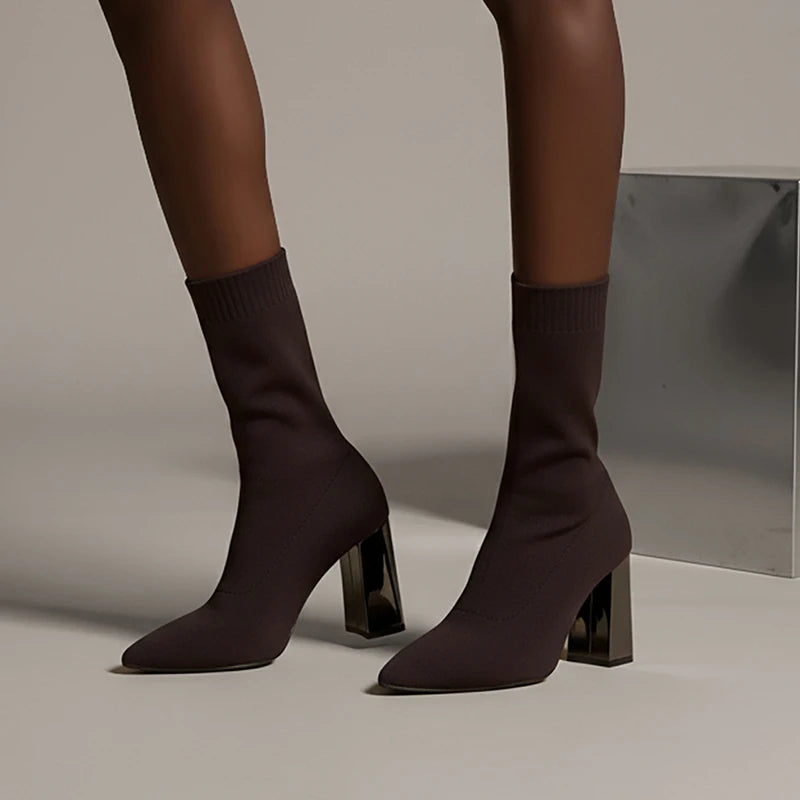 Fashion Design Knitted High Heels Boots Women Plus Size Sexy Pointed Toe Ankle Boots Woman Slip On Thick Heeled Sock Botas Mujer
