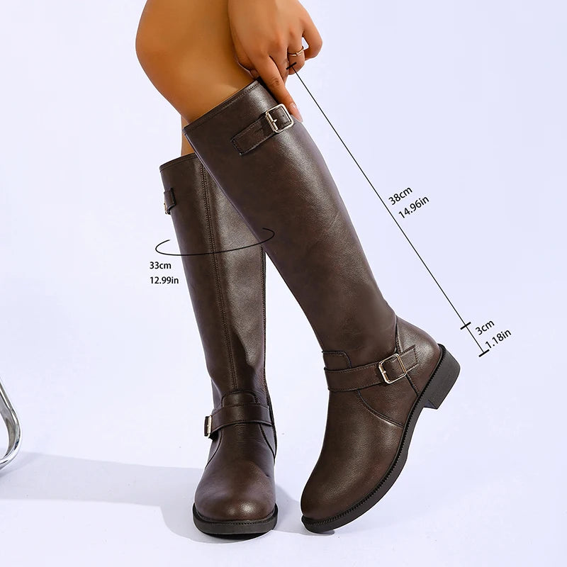 Fashion Buckle Pu Leather Knee High Boots Women Plus Size 43 Low Heels Long Boots Woman 2026 Side Zipper Punk Goth Botas Mujer