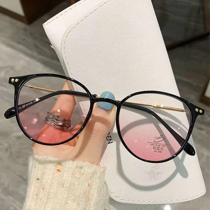 Anti-Blue Light Plain Glasses Ultra-Light Blush Cold Brown Color Korean Anti Radiation Eyeglasses Round Metal Frame